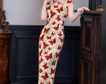 Elegant Sleeveless Qipao Dress, Printed Chiffon Cheongsam, Bodycon Maxi Dress, Chinese Oriental Cocktail Gown