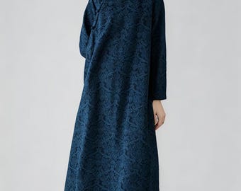 Linen Cotton Jacquard Qipao Dress, Loose Plus Size Chinese Maxi Dress, New Chinese Vintage Long Cheongsam, Oversized Literary Robe