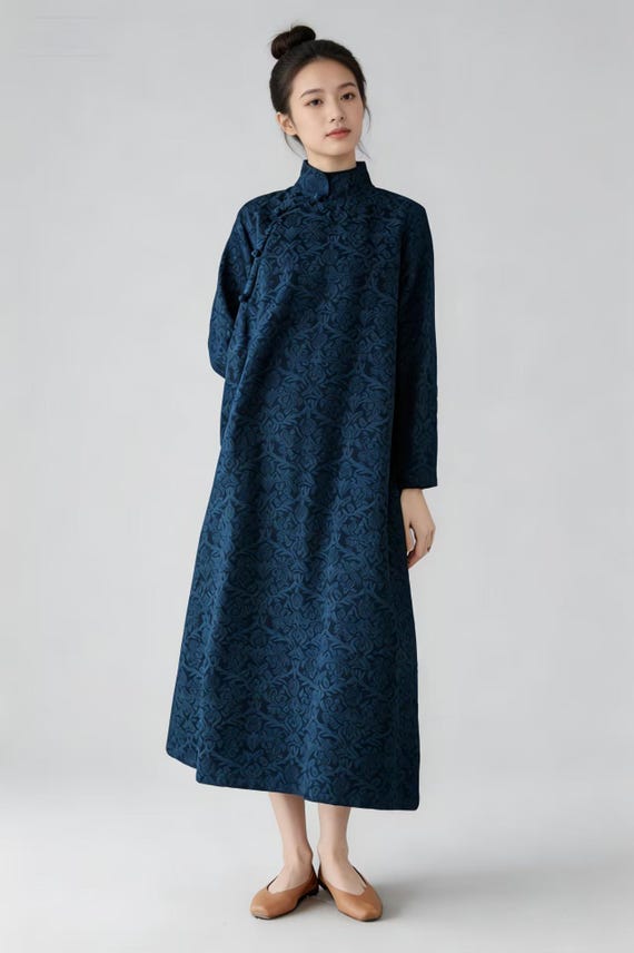 Linen Cotton Jacquard Qipao Dress, Loose Plus Size Chinese Maxi Dress, New Chinese Vintage Long Cheongsam, Oversized Literary Robe