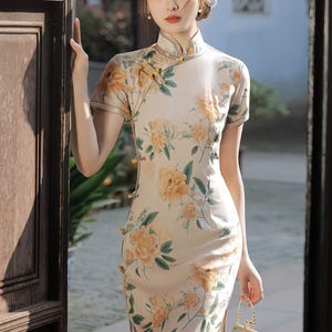 Floral Qipao Dress, Soft Silk Cheongsam, Summer Garden Dress, Elegant Chinese Gown, Vintage, Yellow Peony Qipao, Lightweight Oriental Dress