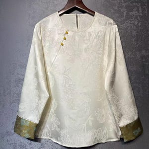 Chinese Jacquard Top, Hanfu Style Satin Shirt, New Oriental Blouse, Elegant Tang Suit, Asian Vintage Top, Modern Cheongsam Top, large sizes