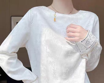 Blusa chinesa jacquard, camisa Tang moderna, camisa elegante estilo Hanfu, blusa oriental, blusa vintage, camisa cheongsam minimalista, tamanho grande
