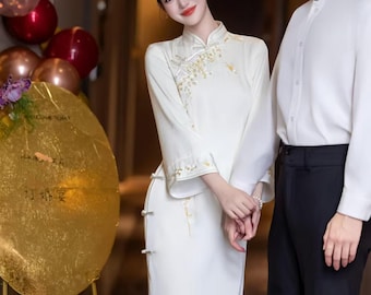 White satin qipao, pearl-embroidered,luxurious oriental wedding gown, elegant Chinese midi dress,formal Asian attire for autumn,White satins