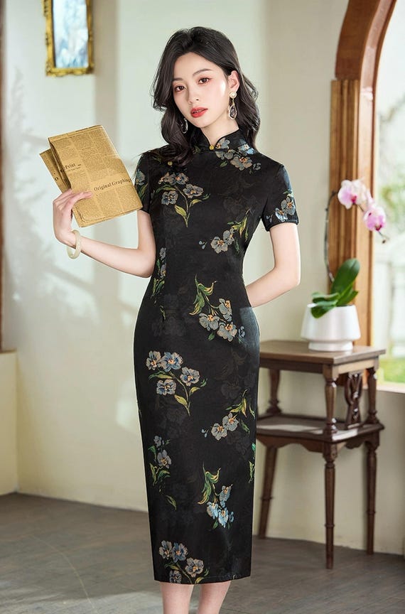 black cheongsam dress Chinese Traditional Oriental Dress Summer Black Modern Elegant Cheongsam Qipao