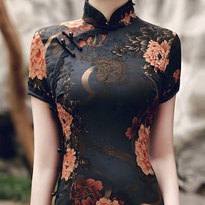 Puede incluir: Un vestido cheongsam negro y dorado con estampado floral. El vestido tiene un cuello mandarín y mangas cortas. El vestido está hecho de una tela sedosa.