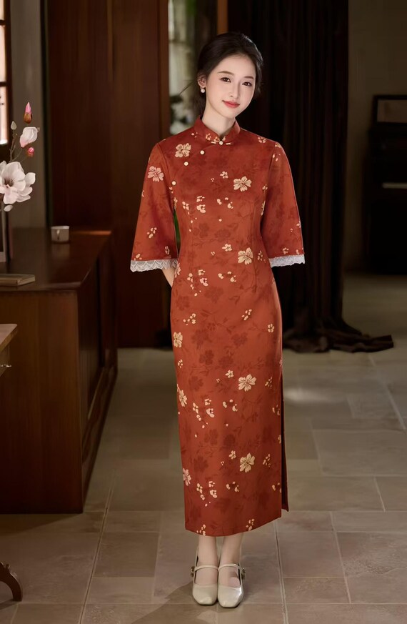 knee length dresses for ladies Red Chinese Style Dress