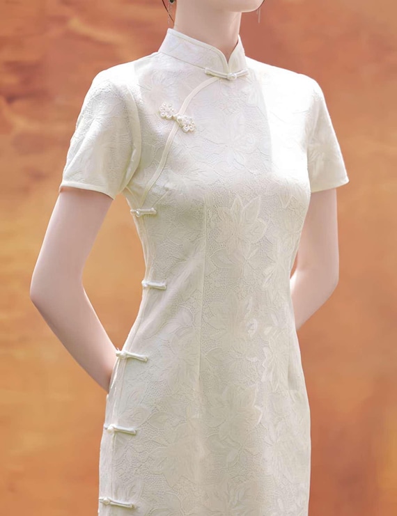 chinese dress ladies Wedding Qipao Dress, Wedding Cheongsam, Chinese Oriental Wedding Dress XL / White / Pre Made