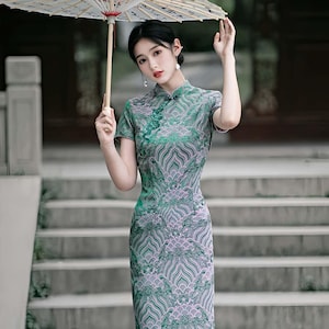 Groene cheongsamjurk, vintage qipaojurk, elegante Chinese jurk, jurk voor culturele evenementen, theeceremoniejurk