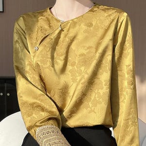 Chinese Jacquard Top, Hanfu Style Satin Shirt, New Oriental Blouse, Elegant Tang Suit, Asian Vintage Top, Modern Cheongsam Top, large sizes