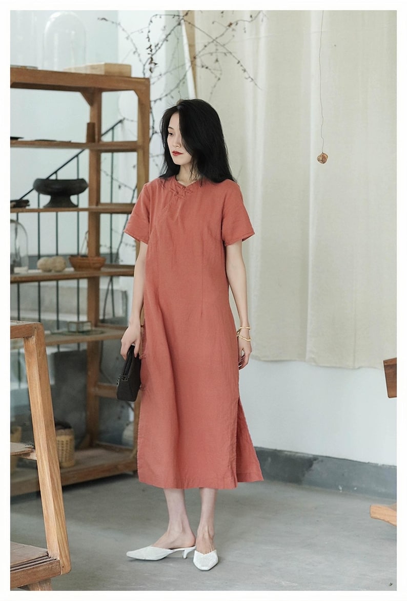 Zen linneklänning, japansk klänning, svart bomullsmidiklänning, Wabi Sabi minimalklänning, klänning i naturligt tyg, lös klänning, vintage bild 9