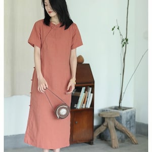 Zen linneklänning, japansk klänning, svart bomullsmidiklänning, Wabi Sabi minimalklänning, klänning i naturligt tyg, lös klänning, vintage Orange