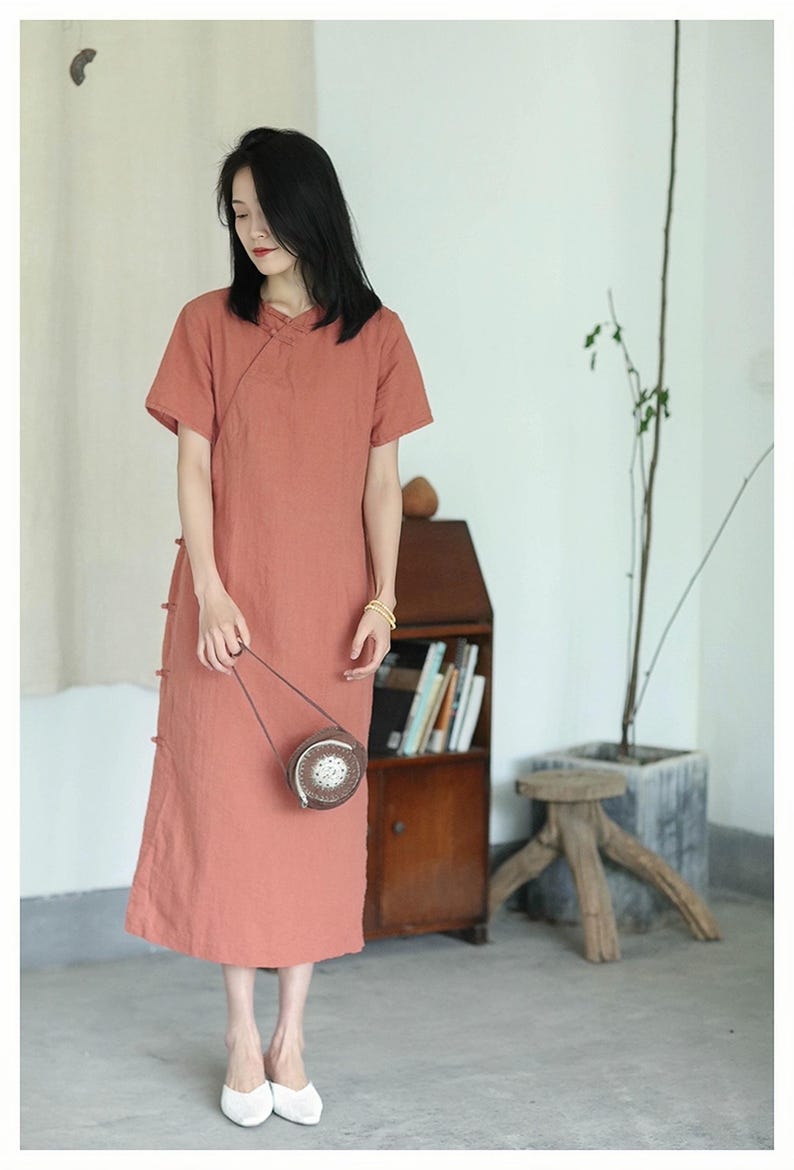 Zen linneklänning, japansk klänning, svart bomullsmidiklänning, Wabi Sabi minimalklänning, klänning i naturligt tyg, lös klänning, vintage Orange