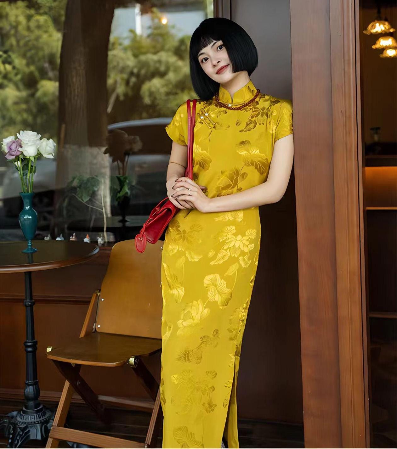 Gold Cheongsam Dress, Elegant Qipao Gown, Vintage Chinese Style, Tea  Ceremony Outfit, Cultural Wedding Dress, Oriental Party Dress, Regalo - Etsy