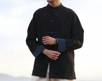 Men Chinese Tang Jacket Shirt, Ramie Linen Mandarin Collar Top, Minimalist Asian Style Outerwear, Zen Summer Mens Clothing