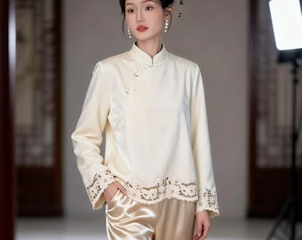 Elegant brocade jacket, velvet blouse with plush lining and floral embroidery, elegant piece with traditional Chinese design,abrigo cálido