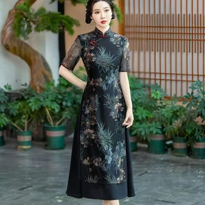 asian chiffon dress Women Spring V Neck Lantern Sleeve Floral Long Dress Printed Chiffon Dress Skirt