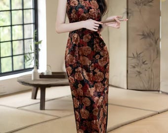 Velvet Qipao Dress, Floral Cheongsam Gown, Autumn Winter Chinese Dress, Elegant Sleeveless Oriental Dress, Midi Qipao, gift for her, vintage