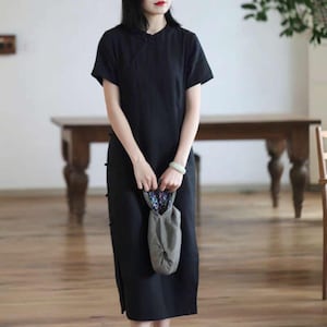 Zen linneklänning, japansk klänning, svart bomullsmidiklänning, Wabi Sabi minimalklänning, klänning i naturligt tyg, lös klänning, vintage Svart
