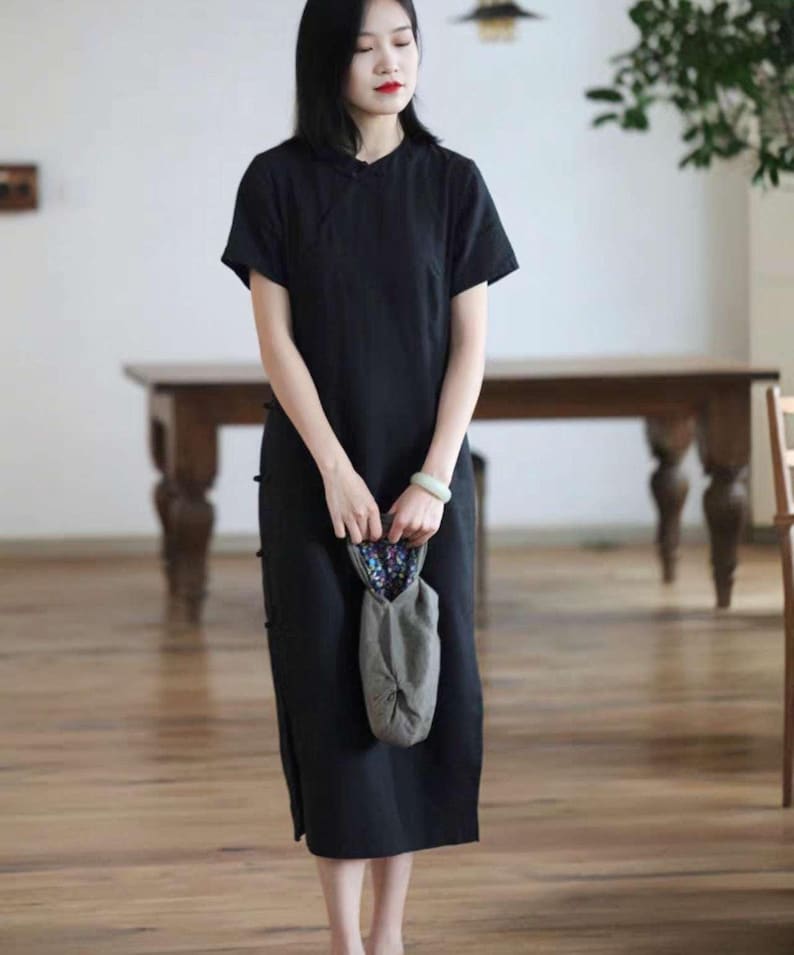 Zen linneklänning, japansk klänning, svart bomullsmidiklänning, Wabi Sabi minimalklänning, klänning i naturligt tyg, lös klänning, vintage Svart