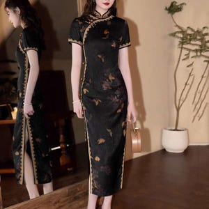 Schwarzes Qipao Kleid, Vintage Cheongsam Kleid, Chinesisches Spitzenkleid, Elegantes orientalisches Kostüm, Schmetterlingsdruckkleid, Teezeremonie