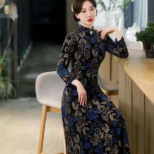Elegant Floral Qipao Dress, Luxury Cheongsam Maxi, Evening Dress, Vintage Chinese Dress, Cocktail Party Gown, Long Sleeve, Oriental Wedding