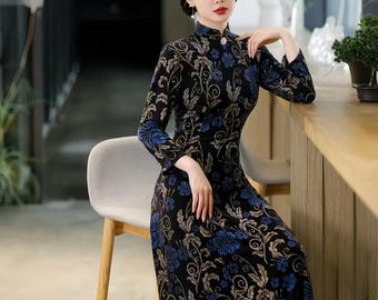 Elegant Floral Qipao Dress, Luxury Cheongsam Maxi, Evening Dress, Vintage Chinese Dress, Cocktail Party Gown, Long Sleeve, Oriental Wedding