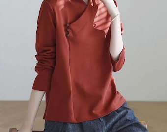 Blusa Donna Cinese Hanfu Maniche Larghe Con Bottoni Rana - Verde Taglie M-L-XL-2XL