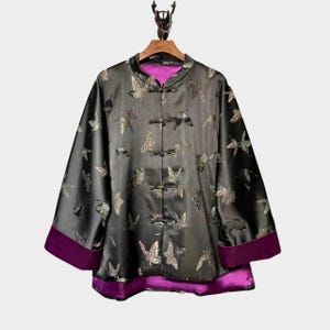 Silk Butterfly Tang Jacket, Black Purple Chinese Coat, Oriental Festival Outfit, Vintage Clothing, Elegant Outerwear, Unisex Hanfu Style