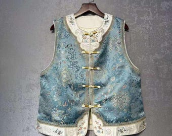 Reversible Song Brocade Silk Vest in Heavy Embroidery,Chinese Style Vintage Double-Breasted Sleeveless Waistcoat,Slimming Loose Tang Jacket