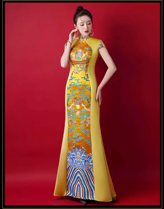 Imperial Dragon Cheongsam, Yellow Chinese Gown, Oriental Evening
