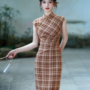 Plaid Qipao Dress, Vintage Knit Cheongsam, Chinese Style Dress, Asian Minimalist Outfit, Retro Grid Cheongsam, Classic Checkered Dress, gift