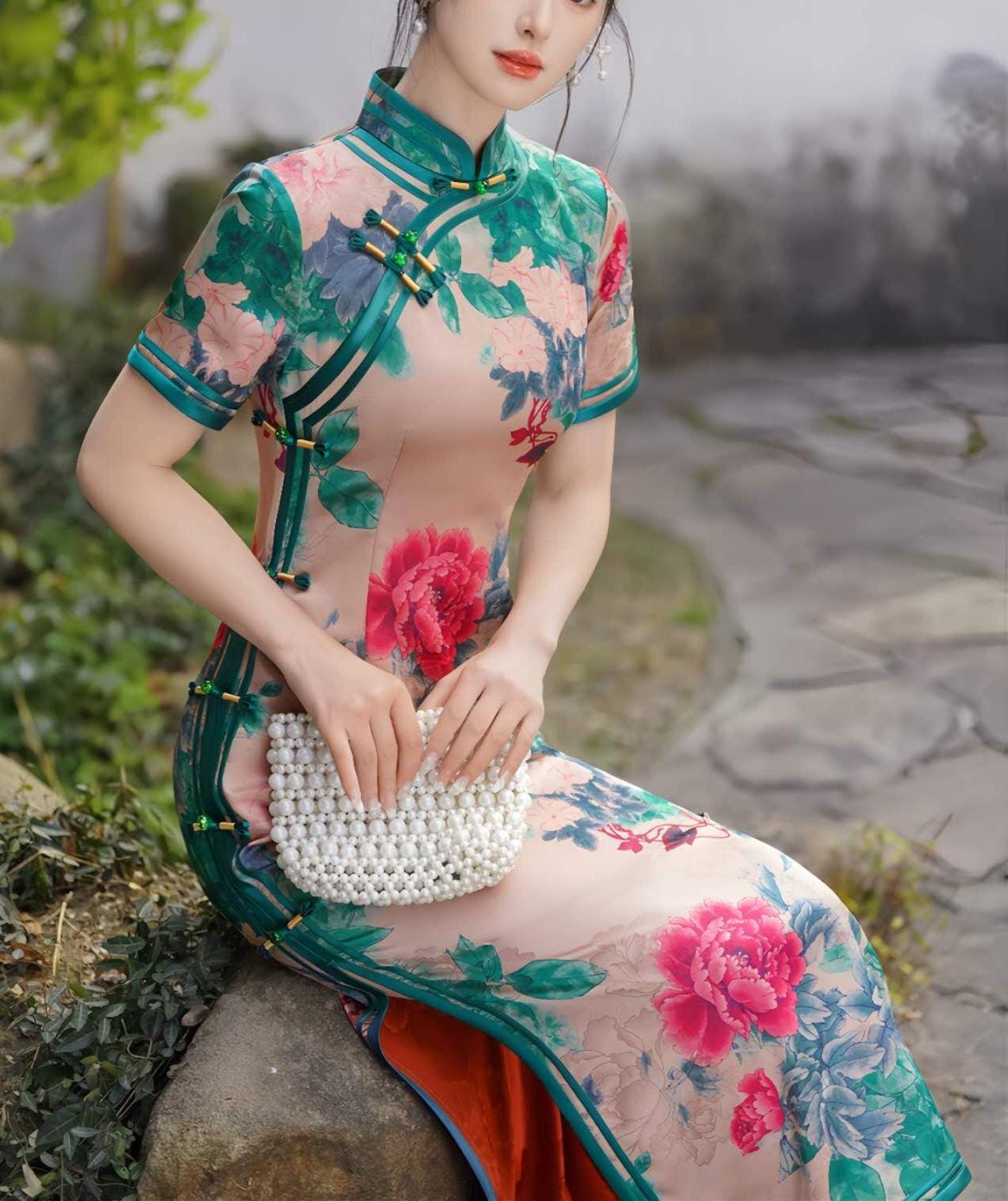 Floral Qipao Dress,Vintage Chinese Cheongsam,Elegant Brocade Gown,Oriental Satin Dress,Asian Formal Gown,Tang Dynasty Inspired,Tea Ceremony