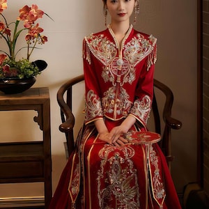 Royal Red Chinese Dress,Traditional Qun Kwa Gown,Vintage Bridal Cheongsam, Wedding Outfit,Wedding Tea Ceremony Dress,Chinese Engagement Look