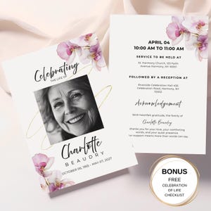 Plantilla editable de invitación funeraria con orquídeas / Tarjeta conmemorativa de celebración de la vida / Anuncio funerario imprimible en Canva