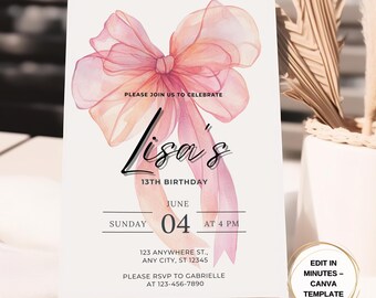 Pink Bow 13th Birthday Invitation: Editable Canva Template (Digital Download 5x7in