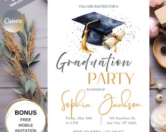 May include: A graduation party invitation with a watercolor illustration of a graduation cap and diploma. The invitation includes the text "Graduation Party" and the name "Sophia Jackson" in gold script. The invitation also includes the text "Instant Download" and "Easy to Edit Template in Canva."