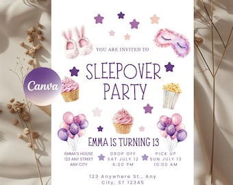 13. Geburtstag Sleepover Einladung: Mädchen Pyjama Party (Canva Template)
