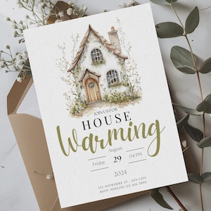 Bewerkbare canvassjabloon housewarminguitnodiging • Rustieke nieuwe uitnodiging voor huisfeest • Cottagecore-stijl • Direct downloaden