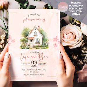Afdrukbare uitnodiging aquarel housewarming – Canva-sjabloon voor nieuwe uitnodiging voor thuisfeest – bewerkbare housewarmingkaart met illustratie huisje