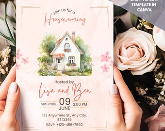 Watercolor Cottage Housewarming Invitation: Editable Canva Template (5x7" Printable Digital Download)