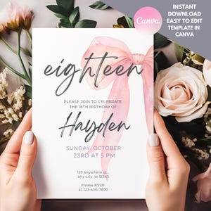 Faire-part 18e anniversaire élégant – modèle sur toile rose poudré | Téléchargement numérique | Invitation imprimable pour 18 anniversaires | Faire-part 18e anniversaire