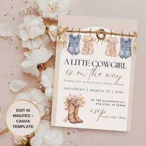 Editable Cowgirl Baby Shower Invitation Girl – Western Boho Baby Girl Canva Template – A Little Cowgirl Is on the Way