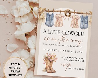 Editable Cowgirl Baby Shower Invitation: Pink Floral, Wild West (Digital Download)
