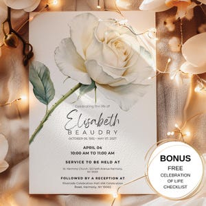 Invitación a funeral de Rosa Blanca / Invitación editable para celebrar la vida / Plantilla digital de Evite / Plantilla de Canva / Lista de verificación de planificación gratuita incluida