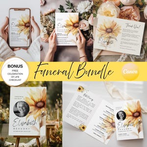 Sonnenblume Feier des Lebens Einladung Vorlage: Bearbeitbares Beerdigungsprogramm Canva Bundle (Digitaler Download