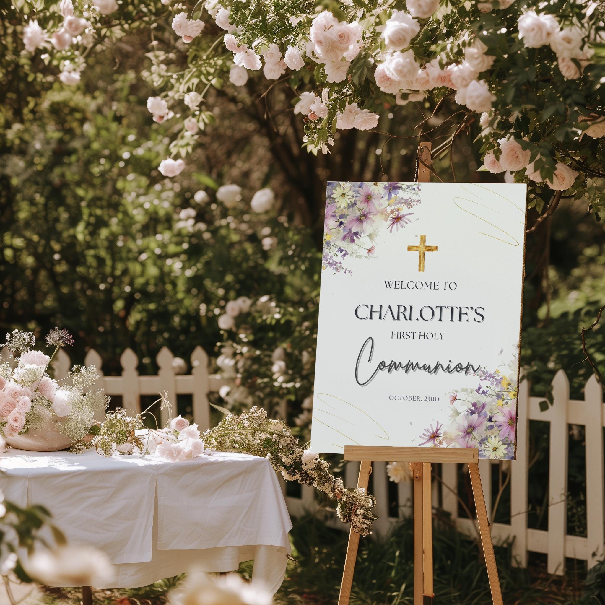 Communion Post Sign Floral First Communion Welcome Sign Girl: Editable Canva Template ...