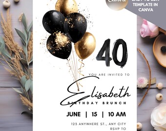 Elegant 40th Birthday Brunch Invitation: Black & Gold Canva Template (Digital)