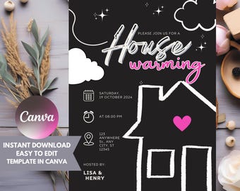 Chalkboard Housewarming Invitation: Modern Canva Template (Digital Download)