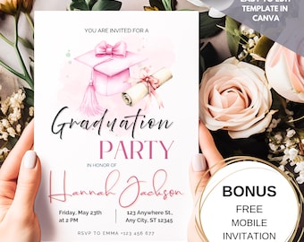 Plantilla de invitación para fiesta de graduación rosa: birrete de acuarela (Canva editable, digital)