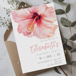 Faire-part d'anniversaire hibiscus tropical • Invitation florale élégante • Modèle d'anniversaire modifiable pour elle • Fleur rose minimaliste • 40e | 50e